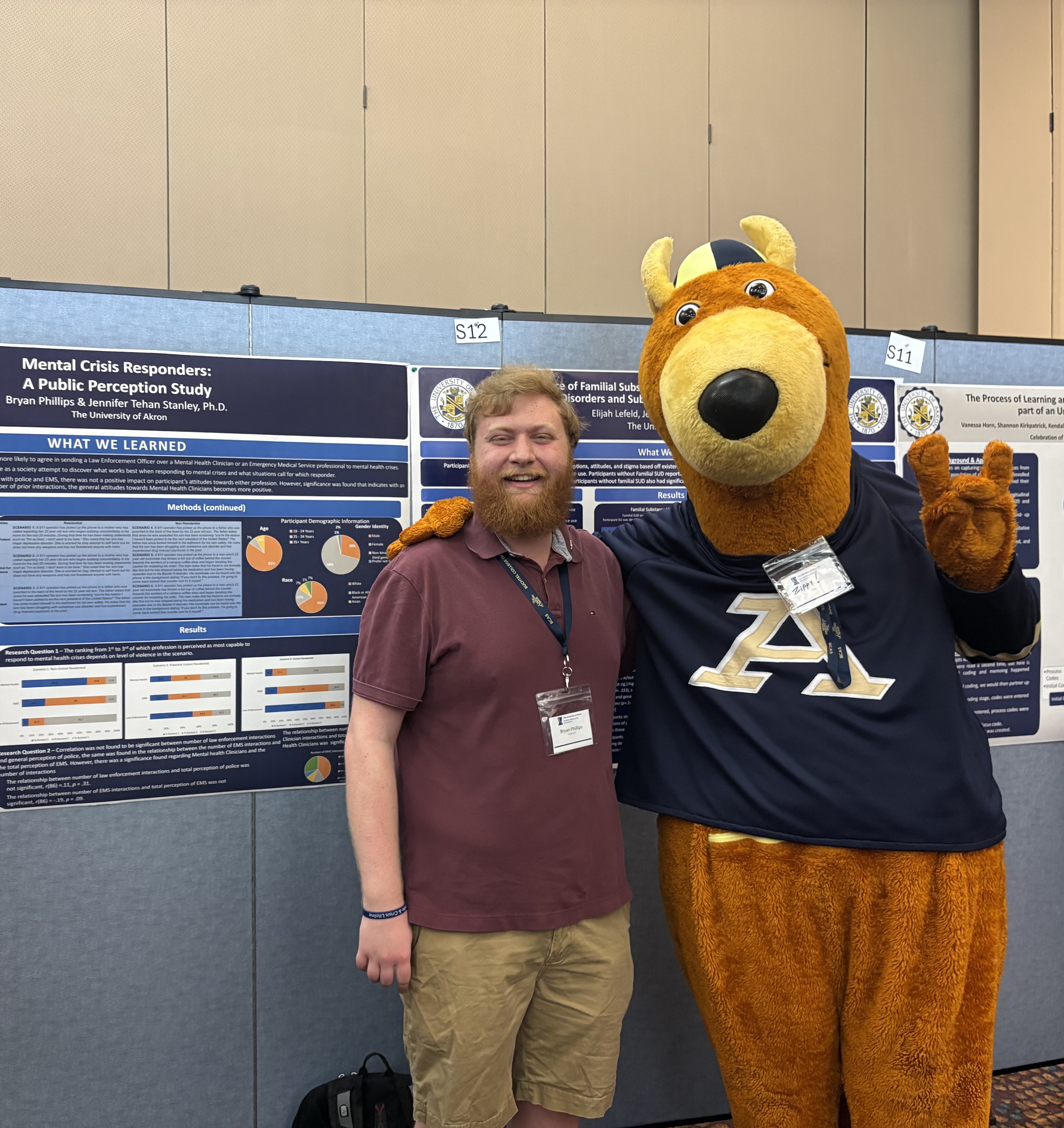 Student and mascot in front of research picture